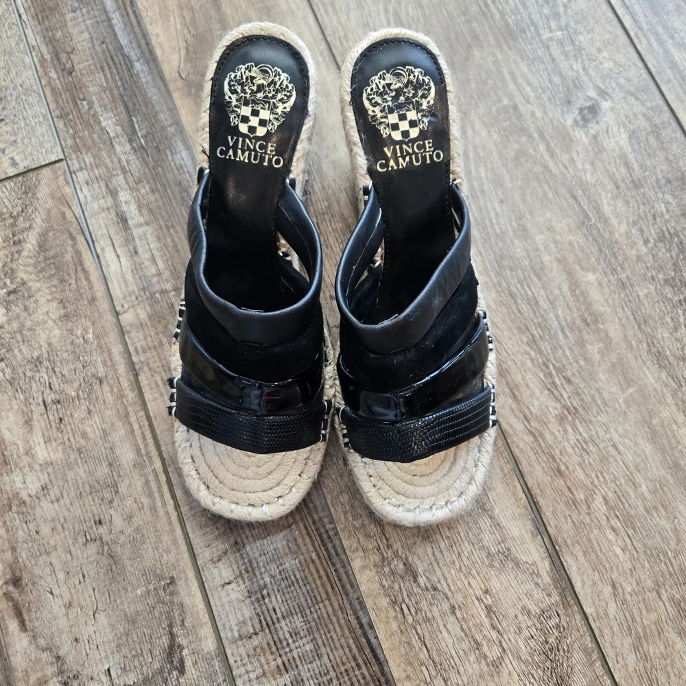 Vince Camuto Black Mixed Texture Espadrille Wedge Slide Sandals Size 7.5